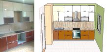 Кухня прямая, 3000 мм, фасады пластик в алюминиевой рамке, бежевая, столешница постформинг