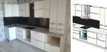 Кухонный гарнитур угловой, 3000 мм, фасады кожа, цвет кремовый, столешница белая